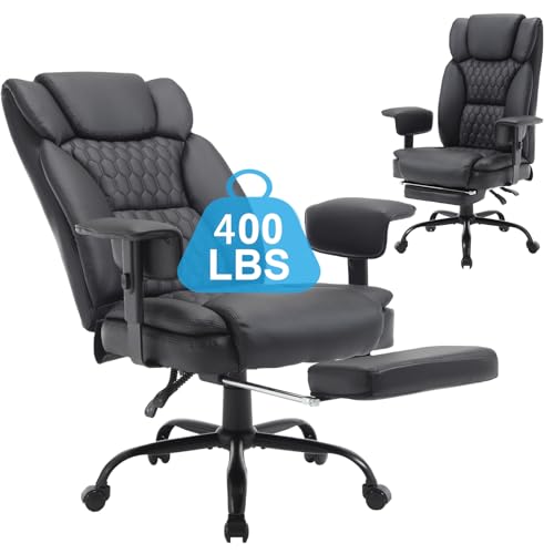 Big and Tall Office Chair 400LBS with Wide Seat High Back Ergonomic Executive Reclining Office Chair with Footrest Leather Computer Gaming Desk Swivel Chair with Wheels,Armrest, Lumbar Support,Beige