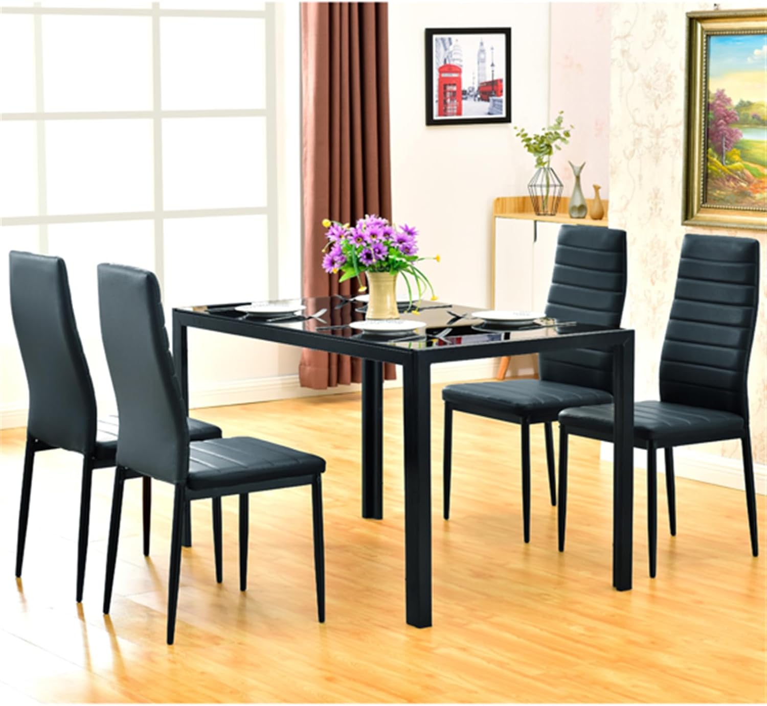 4-seater table leg frame integrated square table leg dining table tempered glass stainless steel black 120 * 70 * 75cm