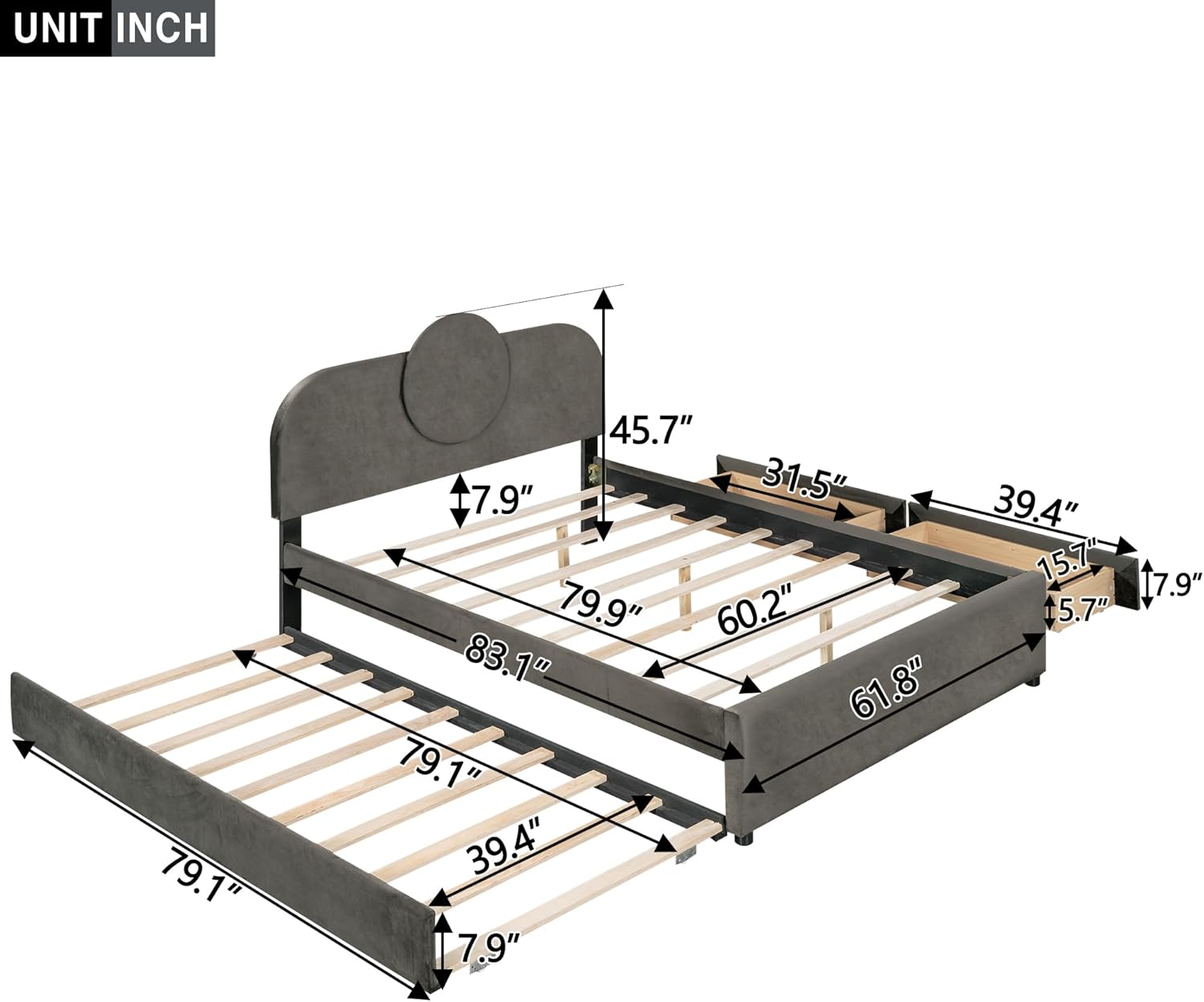 Queen Size Upholstered Platform Bed with Multi-Functional LED Headboard, Wooden Beds Frame with Trundle and 2 Storage Drawers, Space Saving, No Box Spring Needed, Gray