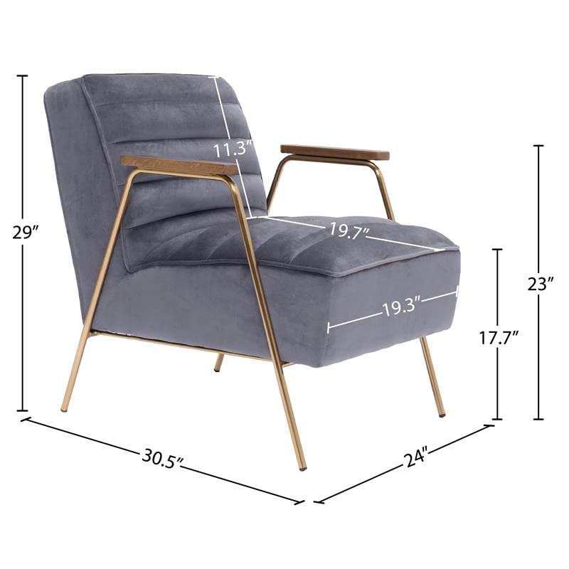 Meridian Furniture Woodford Collection Modern | Contemporary Velvet Upholstered Accent Chair with Channel Tufting, Mid Century Arms and Brushed Gold Iron Legs, 24