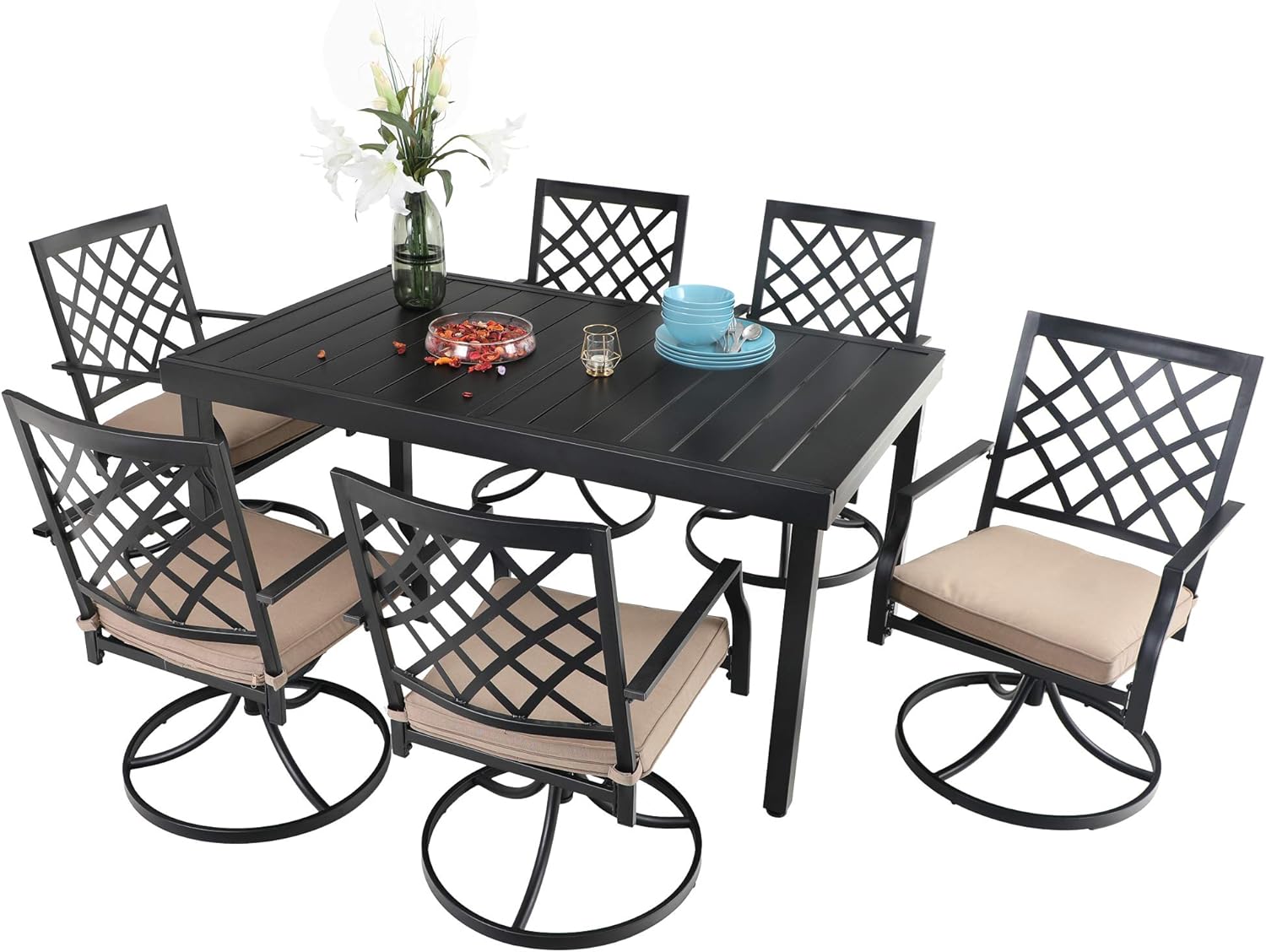 PHI VILLA 7 Piece Outdoor Furniture Dining Set, All-Weather Metal Steel Conversation Set includes 6 Chairs and 1 Extendable Dining Table for Patio Garden Deck