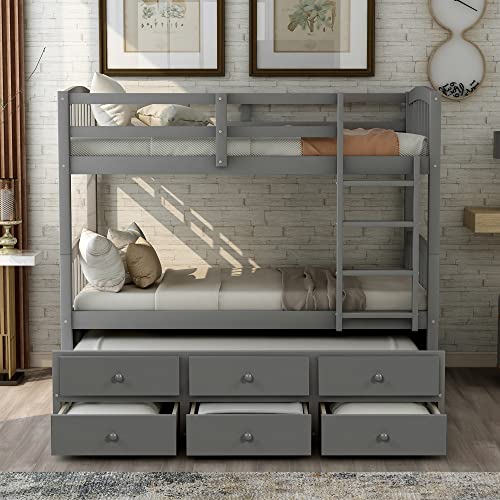 HABITRIO Twin Over Twin Bunk Bed with Twin Trundle,Wood Bunk Bed with 3 Drawers and Built-in Ladder,Space-Saving,No Box Spring Needed,for Living Room/Room/Dormitory,Espresso