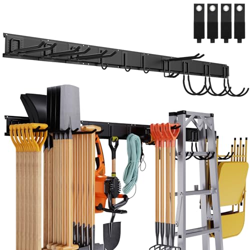 Garage Tool Storage Organizers Wall Mounted with 6 Removable Hooks and 3 Board, Super Heavy Duty Powder Coated Steel Garden Tool Hanger Rack for Chair, Broom, Mop, Rake Shovel & Tools
