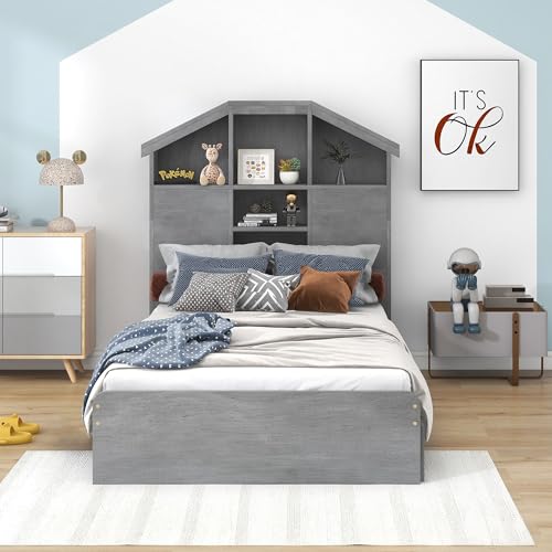 Full Size Platform Bed with House-Shaped Headboard, Multi-Functional Wood Platform Bed Frame with 2 Drawers and Storage Shelves, Rustic Bed with Wood Slat Support, Walnut