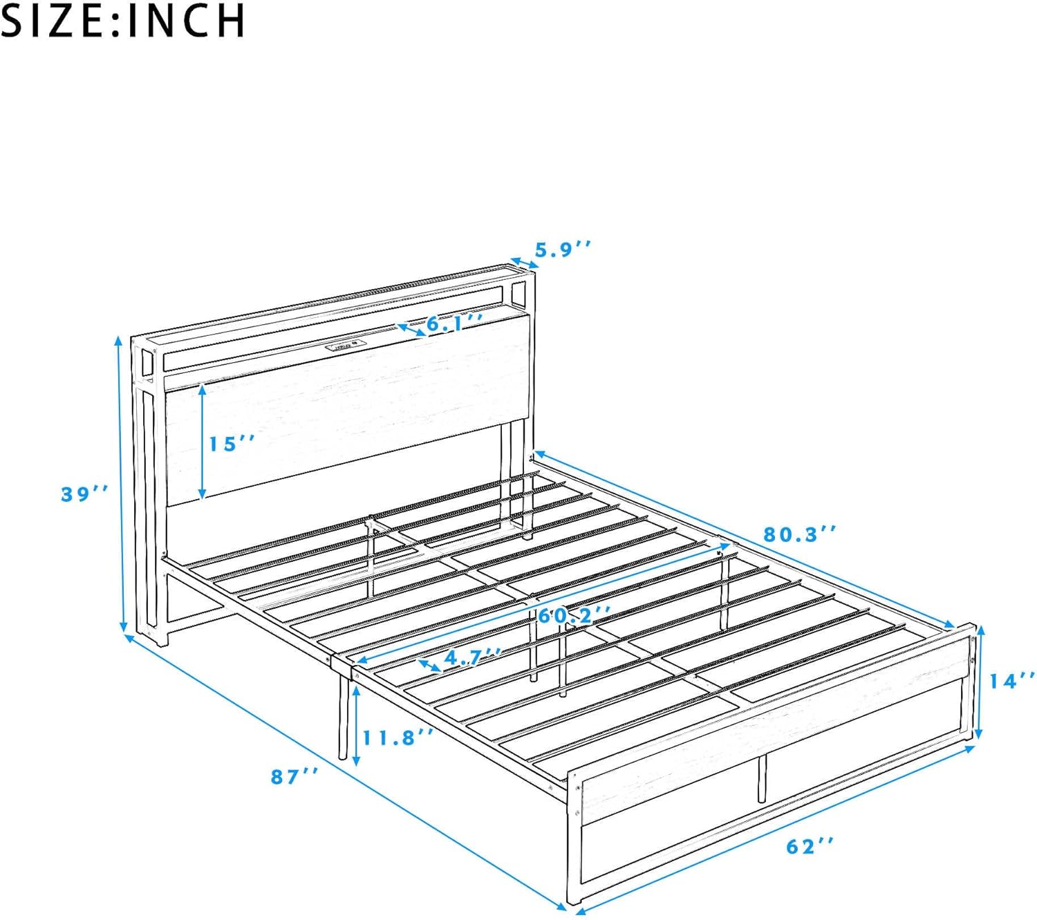 Queen Size Metal and Wood Platform Bed Frame with Outlets, and Slatted Support – No Box Spring Needed, Includes Storage Space