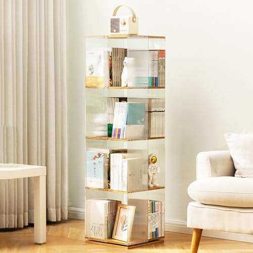 Rotating Bookshelf Tower 360° Revolving Bookcase, Spinning Bookshelf, Transparent acrylic & Bamboo Rotating Bookcase for Bedroom, Living Room, Study Room (Fully Transparent, 4 Tier)
