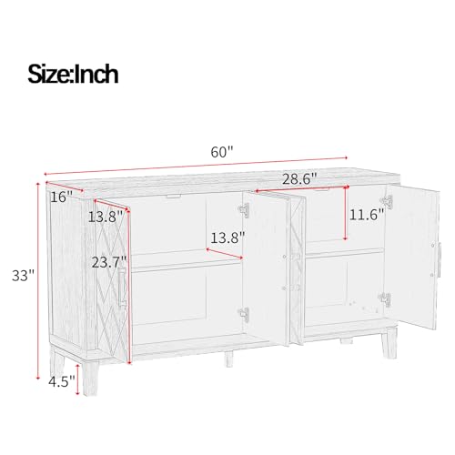 Entryway Cabinet with Long Handle, with 4-Door Retro Elegant Sideboard, Narrow Cabinet Suitable for Kitchen, Living Room, Corridor