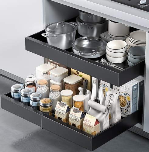 Expandable Pull Out Cabinet Organizer Adhesive,2Pack Peel And Stick Slide Out Drawer for Kitchen Cabinet,Cabinet Pull Out Shelves For Kitchen Pantry Organization Adjustable Width 12.5
