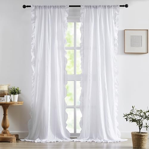 White Boho Cotton Curtains with Ruffle Edge 84 Inches Length,Not-See-Through Crinkled Fabric Drape,Shabby Chic Window Treatment for Bedroom Living Room Canopy Bed,Rod Pocket,40