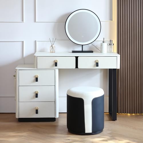 Faux Saddle Leather Makeup Vanity Desk Set with 5 Drawers & Side Storage Bag Dressing Table with Lighted Mirror, White