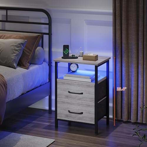 Nightstands, Night Stand with Charging Station and Led Lights, Bedside Table with 2 Fabric Drawers for Bedroom, Small Side End Table with Open Shelf, Rustic Brown