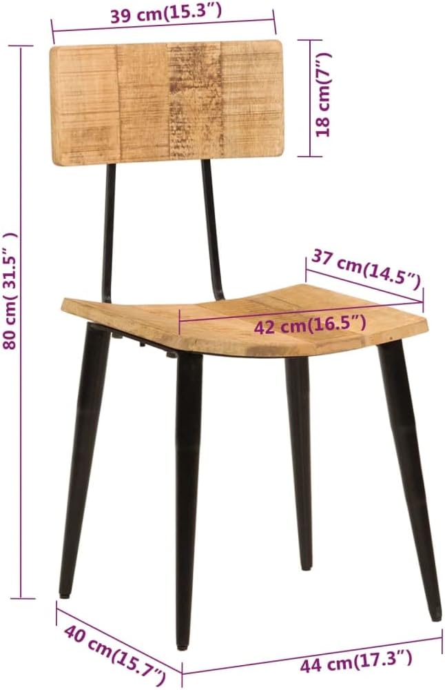 SecondBoy Pair of Natural Wood Grain Finish Wooden Antique Mango Wood Chair Black Iron Frame Dining Chair Arch Seat Slant Pin Leg