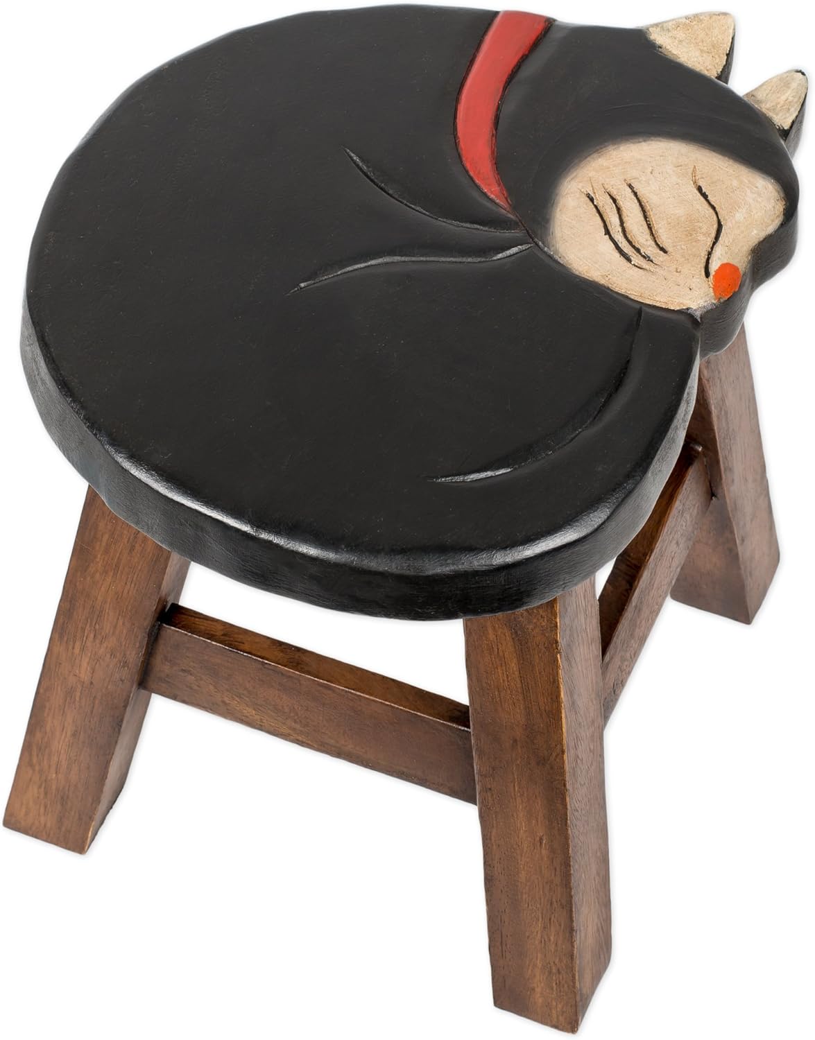 Tuxedo Cat Design Hand Carved Acacia Hardwood Decorative Short Stool
