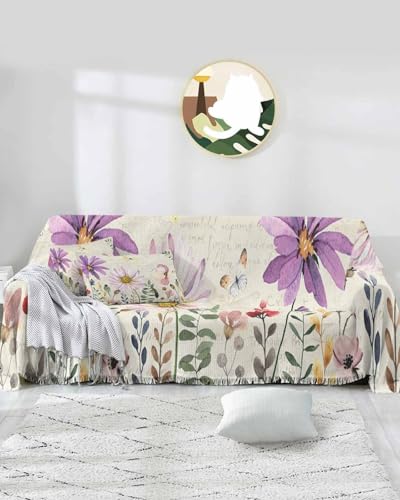 Purple Pink Floral Cover Couch Covers for 3 Cushion Couch Throw Couch Cover with Tassel Soft Slipcover Spring Summer Country Plants Flowers White Couch Furniture Protector for Dog Pet 71