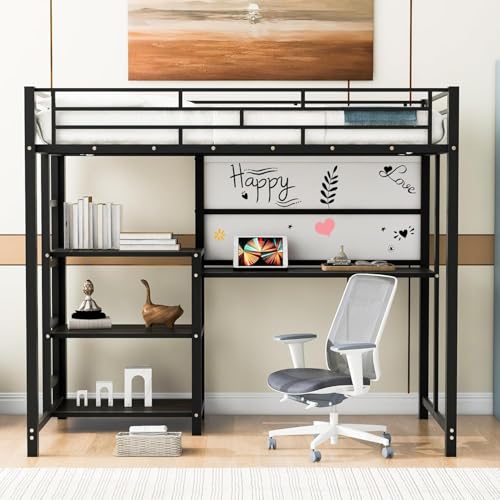 Metal Loft Bed Frame, Heavy Duty Twin Loft Bed with Ladder, Space-Saver Multifunctional Loft Bed Twin, Loft Bed with Safety Guard Rails Compatible with Girls Boys (Twin,Black),bed frame