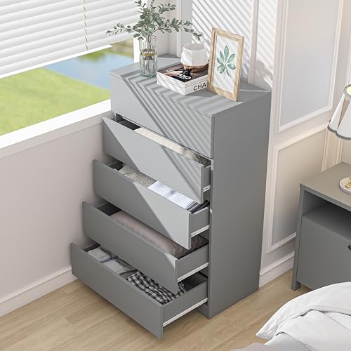 5 Drawer Dresser, White Dresser for Bedroom Wooden Tall Closet Drawers, Modern Nightstand with Drawers Clothing Organizer Cabinet for Nursery, Living Room,Hallway, 27.6 in, Top and Chest
