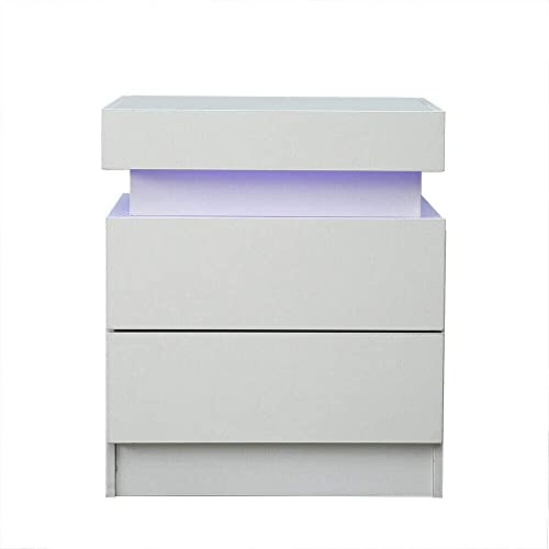 High Gloss Nightstand with 2 Drawers，Bedside End Table with Drawers Side Bed Table with LED Light for Bedroom, Living Room