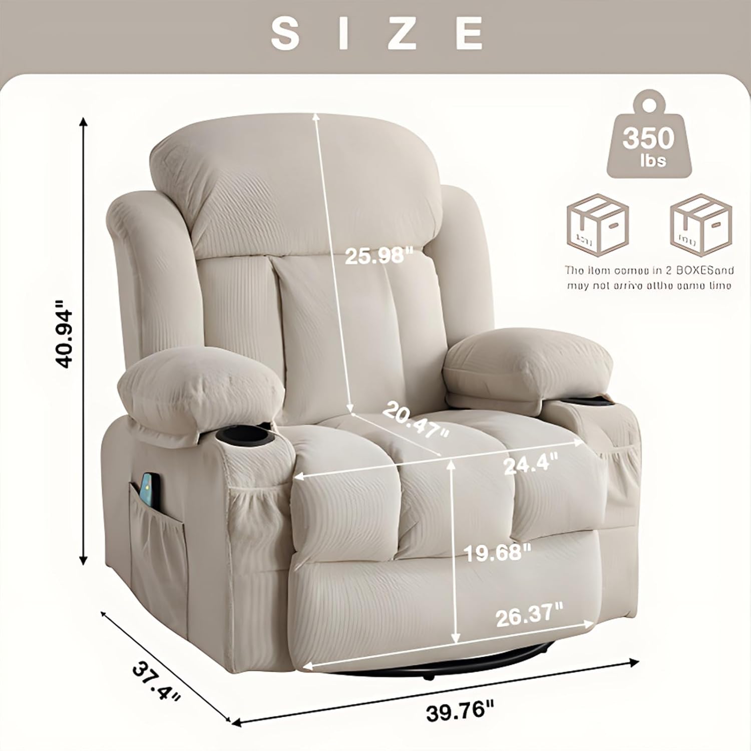 Swinging Recliner Massage Heated Sofa, Massage Recliner Chair with Adjustable Backest and USB Port, 360 Swivel Lazy Electric Recliner Chair for Living Room (Light Grey)