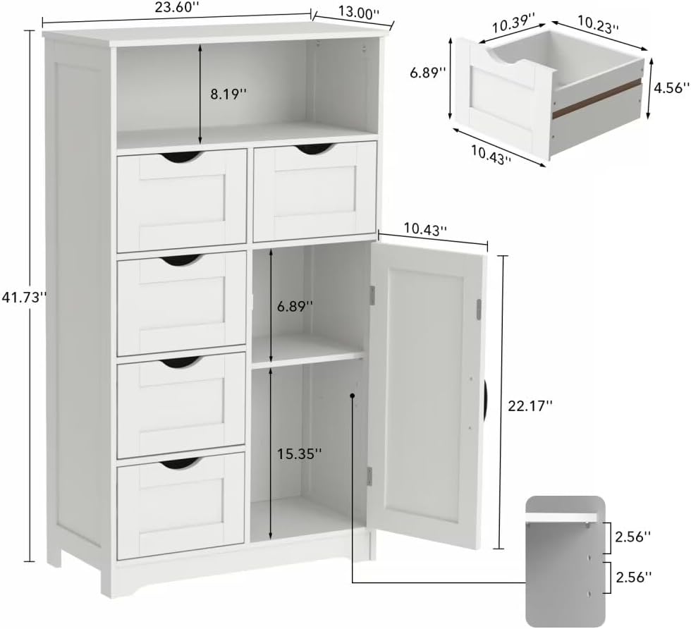 63''H Modern White Wooden Storage Cabinet with Five Drawers and One Doors,Free-standing Cupboard for Kitchen/Living room/Bathroom Use, White