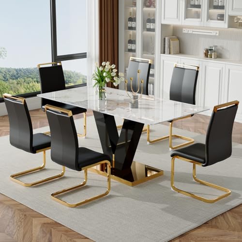 Dining Table Set for 6,Modern Marble Dining Table Set,71'' Rectangular Glass Dinner Table and 6 Black PU Chairs,Gold Dining Table and Chairs Set, Ideal for Dining Room Kitchen