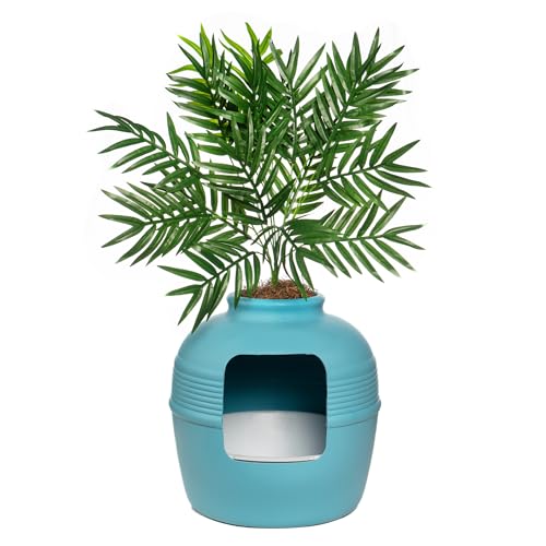 Good Pet Stuff, The Original Hidden Litter Box Base Kit, Round Enclosed Cat Litter Box Planter with Artificial Plants, Vented Carbon Odor Filter System, Florist Moss, Easy to Clean, Caribbean Blue
