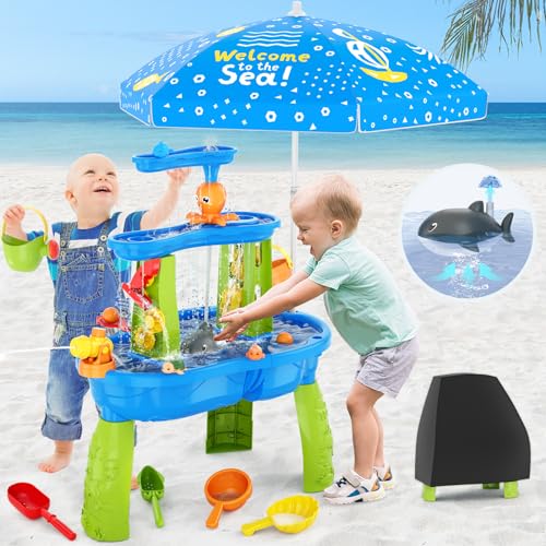 Auto Water Table for Toddlers 1-3 3-5 with Water Pumb, 3-Tier Kids Sand Water Table, Rain Showers Splash Pond for Outdoor Beach Backyard Summer, Activity Sensory Play Table for Boys Girls