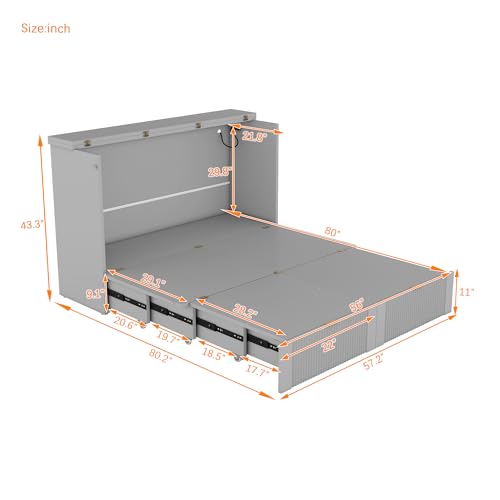 Queen Size Murphy Bed Wall Bed with Storage Drawer and A Set Sockets & USB Ports, Wood Murphy Bed Chest with Pulley Structure Design, Foldable Platform Bed for Home Office Small Room (Gray, Queen)