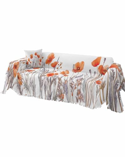 Floral Sofa Cover Couch Covers for 3-4 Cushion Couch Throw Couch Cover with Tassel Soft Sofa Slipcover Watercolor Red Poppy Flowers Plants Beige Couch Furniture Protector for Dog Pet 71