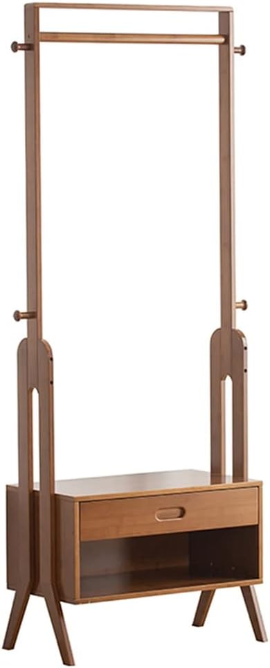 JOuan Coat Rack, Bamboo Clothes Rack With Shelves Hanging Rod 4 Hooks And Drawer Freestanding Closet Organizer For Hanging Clothes Folding Clothes Shoes Decors