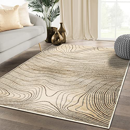 Superior Indoor Area Rug, Plush Carpet Cover, High-Traffic Rugs, Jute Backing, Hallways, Entry, Office, Living Room, Kitchen, Modern Abstract Wood Grain, Veer Collection, 8' x 10', Chocolate
