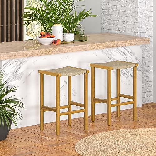 Giantex Patio Wood Bar Stools Set of 2, Acacia Wood Bar Stools w/Rattan Woven Seat, 30
