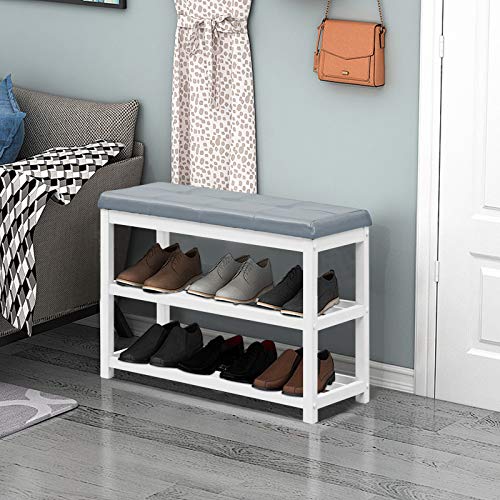 Giantex Shoe Bench, Wood Shoe Rack Bench with Cushion Seat, PU Seat Shoe Storage Organizer, Thick-Padded Shoe Shelf, 3-Tier Shoe Rack for Entryway, Bedroom, Living Room, Hallway (White+Grey)