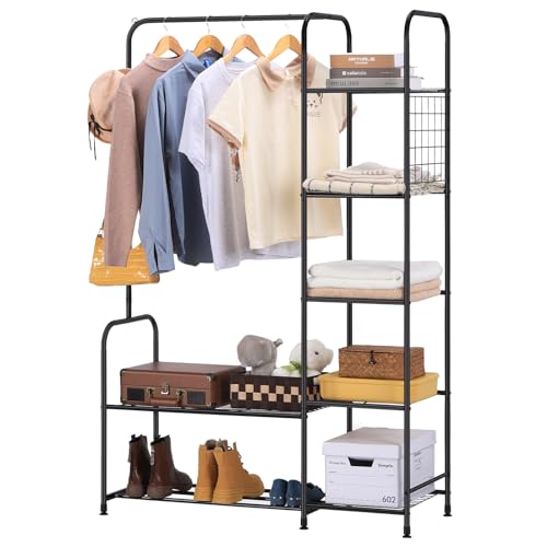 melos Clothes Rack, Coat Rack Metal Garment Rack With Storage Shelves and Coat/Hat Hanging Hooks, Portable Closet System Organizer, Freestanding Clothes Rack For Bedroom, Pace Saving