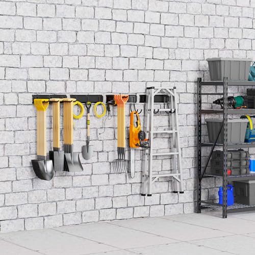 Garage Tool Storage Organizers Wall Mounted with 6 Removable Hooks and 3 Board, Super Heavy Duty Powder Coated Steel Garden Tool Hanger Rack for Chair, Broom, Mop, Rake Shovel & Tools