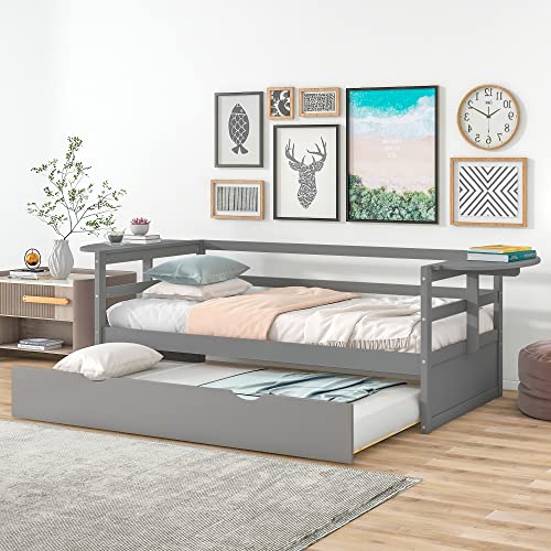 Twin Size Daybed Sofa Bed with Trundle and 2 Foldable Shelves on Both Sides for Living Room Bedroom, No Box Spring Needed, 250 Lbs Weight Capacity (Gray)