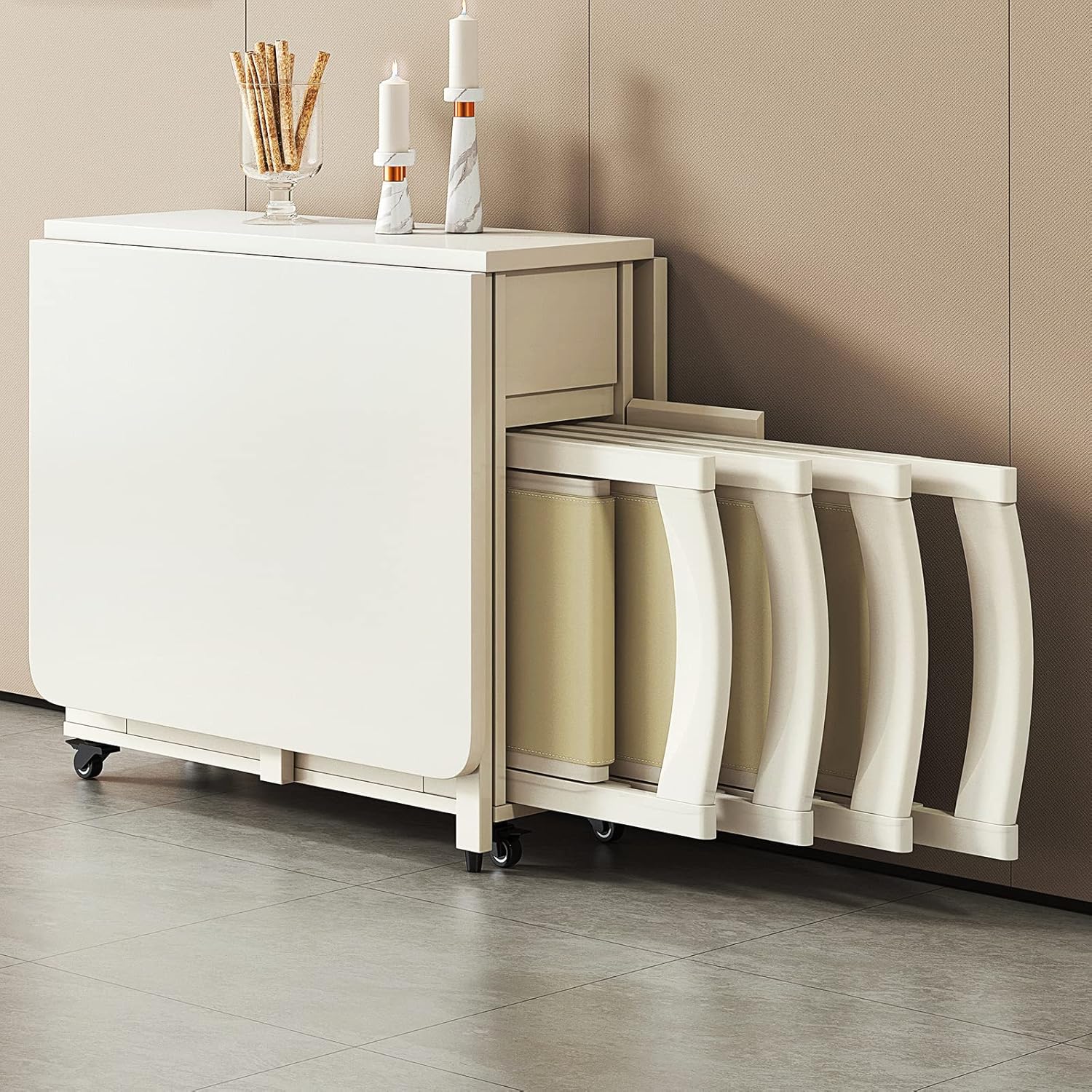 Extendable Dining Table Set, Dining Table with 4 Chairs, Solid Wood Kitchen Table, Space Saving Compact Folding Dining Room Table, for Home Dining Room Kitchen, White