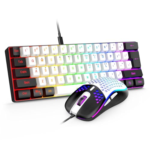RedThunder 60% Gaming Keyboard and Mouse Combo, Ultra-Compact 61-Key RGB Backlit Mini Keyboard, Lightweight 7200 DPI Honeycomb Optical Mouse, RGB Wired Gaming Set for PC PS5 Xbox Gamer(White-Black)
