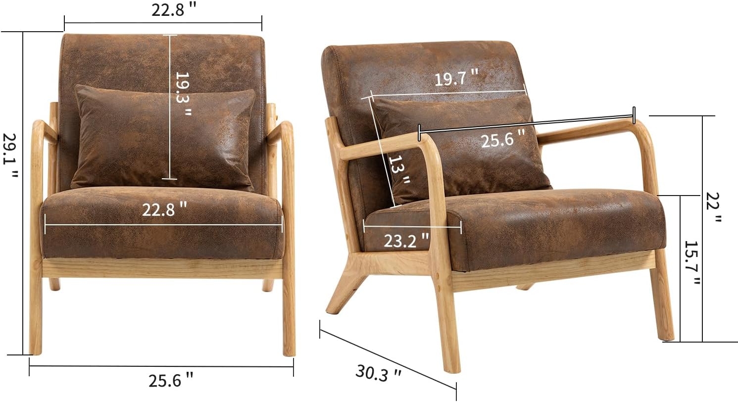 Mid Century Modern Accent Chair with Wood Frame, Upholstered Living Room Chairs with Waist Cushion, Reading Armchair for Bedroom Sunroom 2035A