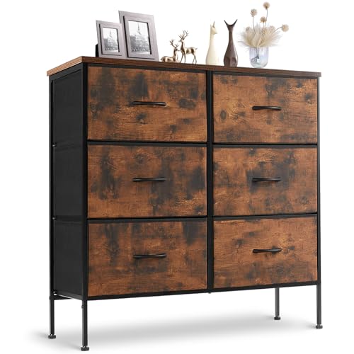 Sweetcrispy 6 Drawers Dresser for Bedroom, Kidsroom Furniture, Small Chest Tower, Storage Organizer Units for Clothing, Closet, Fabric Bins, Wood Top, Steel Frame, Lightweight, Assemble Tools Include