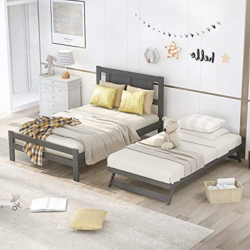 Size Platform Bed with Adjustable Trundle for Bedroom Dorm, Wood Bed Frame with Headboard, Easily Convertible to 2 Beds for Kids Adults (Espresso) (Color : White, Size : Full)