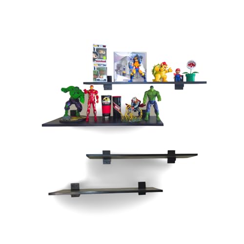Shelf for Collectors of all kinds, display for action Figures, Solid Pine Wood, Made in USA, Lightweight, Gloss Black, 2 Shelves(Extra Large)