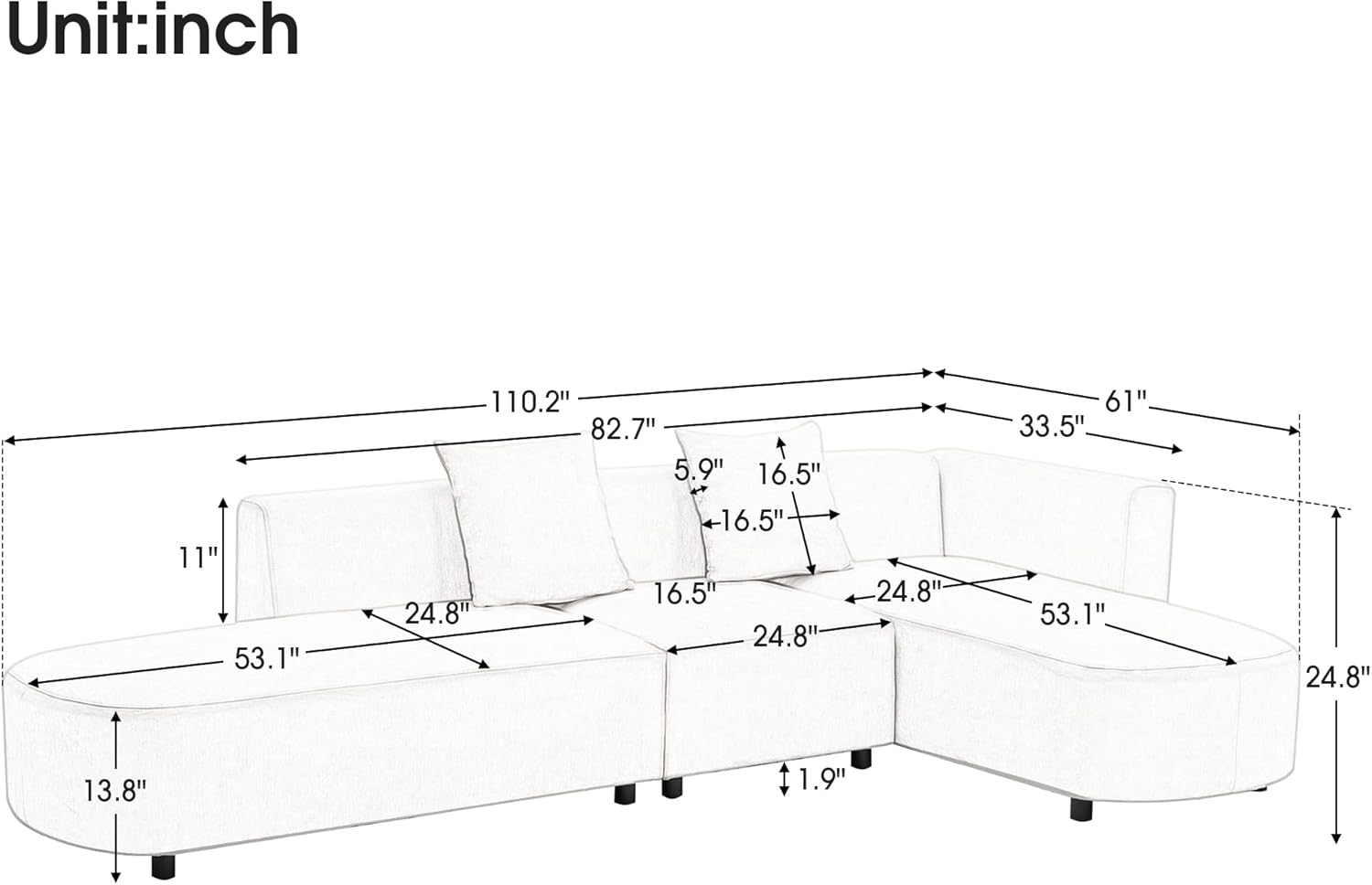 Curved Sectional Sofa Couch for Living Room L-shaped Sofa Couch with Chaise Lounge 110.2