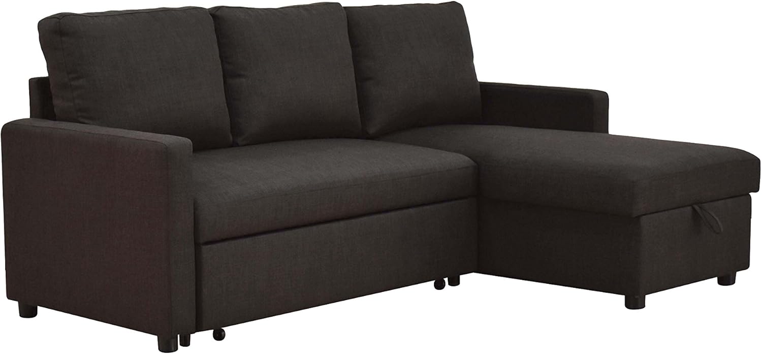 Sectional Sofa w/Sleeper - Contemporary Black Linen Upholstery, Reversible L Shape, Chaise with Storage, Full Foam Cushions, Slim Track Armrest, Plastic Leg - Stylish & Functional