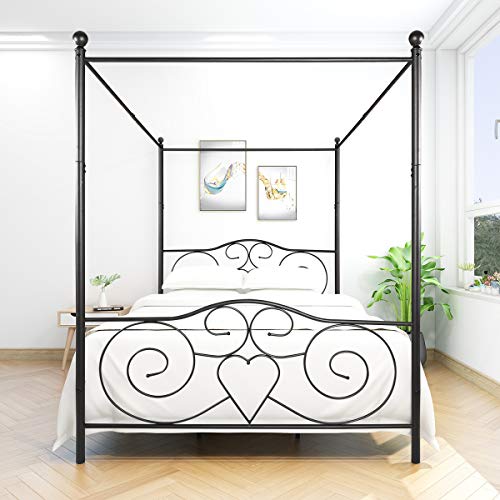 Queen Size Canopy Metal Bed Frame with Vintage Style Headboard & Footboard. Victoria Style Old Fashion Iron-Art Bedframe Easy Assembly (Black Vintage)