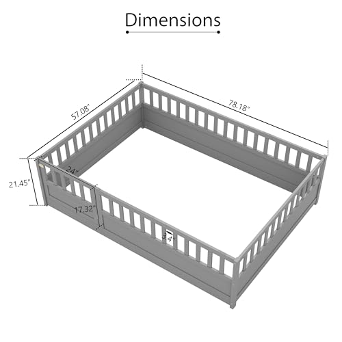 SOFTSEA Full Size Floor Bed, Wooden Floor Bed Frame with Safety Guardrail for Boys and Girls Bedroom, Integral Construction with Super High Security Barrier, Easy Assembly, White
