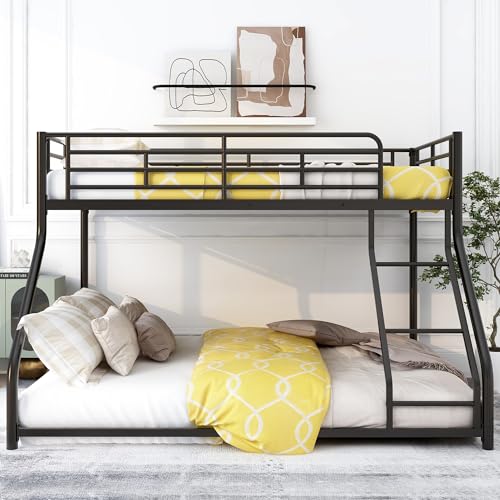 Metal Floor Bunk Bed, Twin XL Over Queen, Heavy-Duty Steel Frame, Modern Design, Space-Saving, Inclined Ladder for Easy Access, Ideal for Kids' Rooms, Guest Rooms & Shared Bedrooms, Black