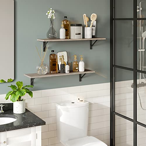 DINZI LVJ Long Wall Shelves, 39.4Inch Wall Mounted Shelves Set of 2, Easy-to-Install, Wall Storage Ledges with Sturdy Metal Brackets for Living Room, Bathroom, Bedroom, Kitchen, Grey Wash