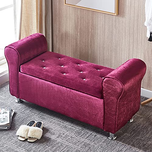 Upholstered Storage Bench with Armrests,Large Capacity Decor Foot Rest Stool for Bedroom Living Room,Velvet Button Tufted Long Storage Ottoman-Purple 100x40x40cm(39x16x16inch)