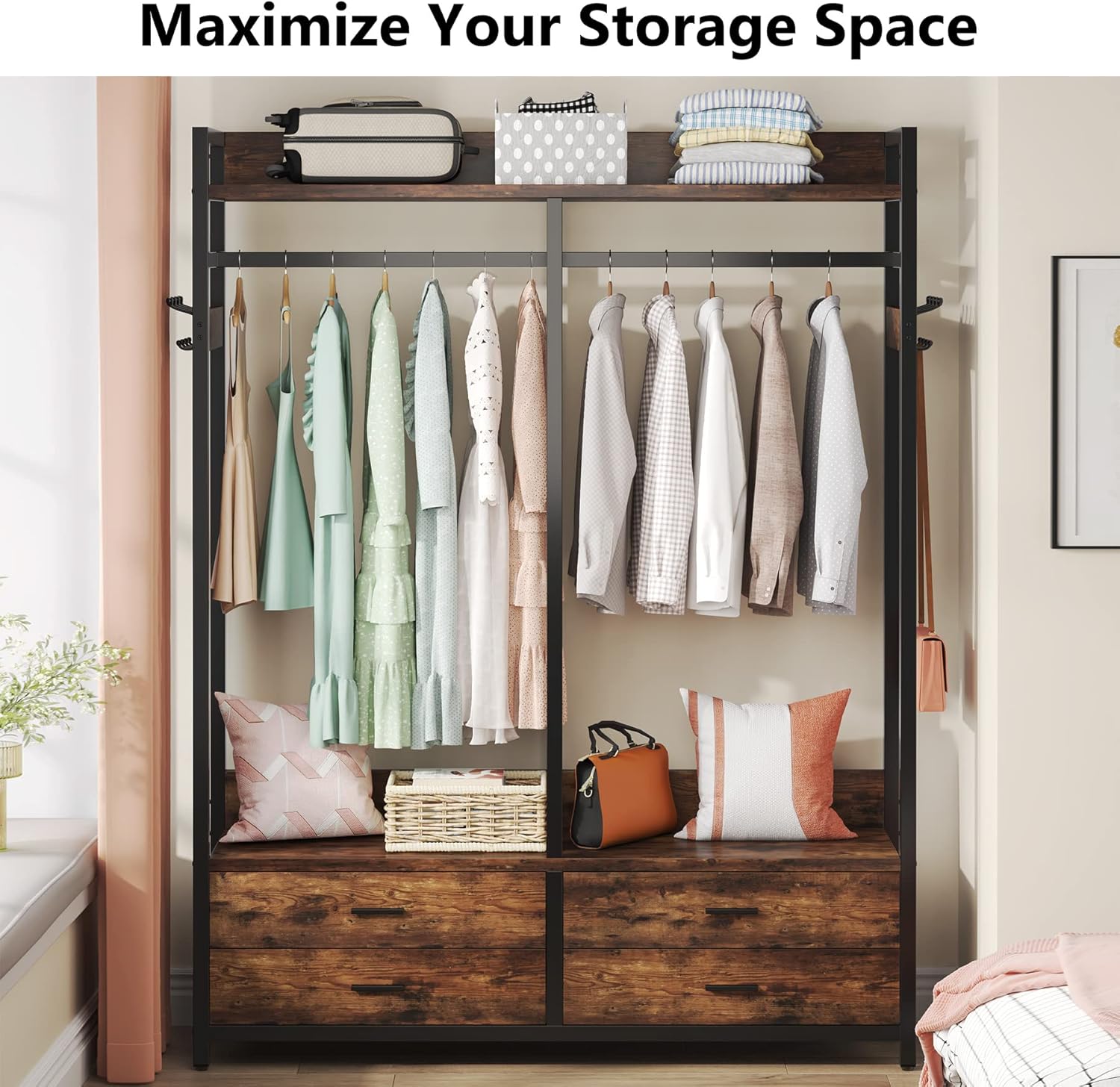 Freestanding Closet Organizer, Heavy Duty Clothes Rack for Hanging Clothes, Open Wardrobe Closet Garment Rack for Bedroom