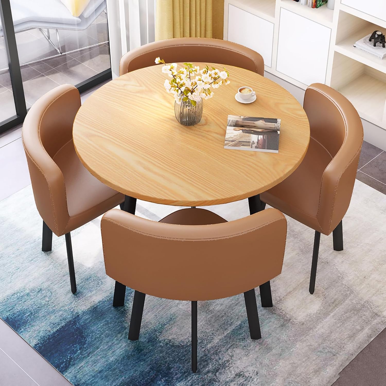 Marble Texture Round Dining Table Set Space Saving Round Dining Table Set 4 Seater Coffee Table Round Table for Dining Room and Kitchen with Recessed Rest, 1, Puleatherfabric